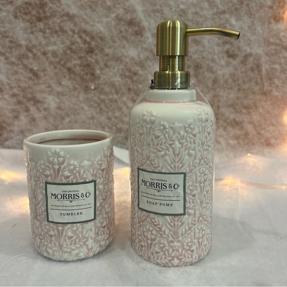William Morris & Co Pink Ceramic 2-Piece Vanity Set Tumbler & Soap Dispenser NEW